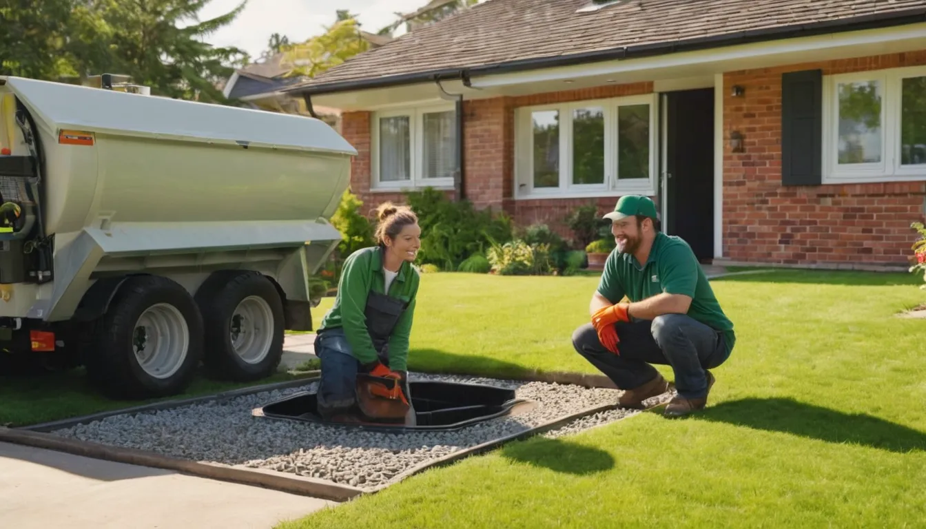 Septic service provider checking a tank lid in a residential yard in Lawrenceville